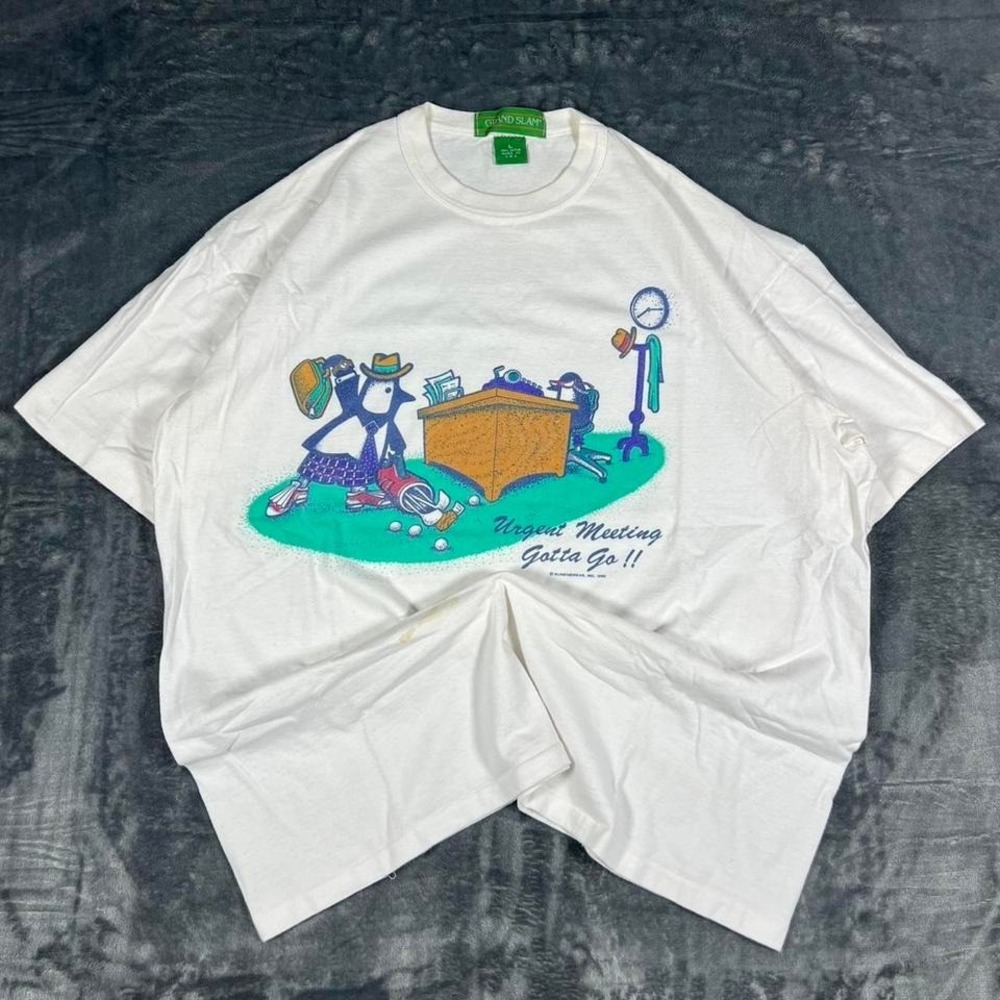1992 Urgent Meeting Gotta Go Penguin Golf White Graphic T-Shirt - size large